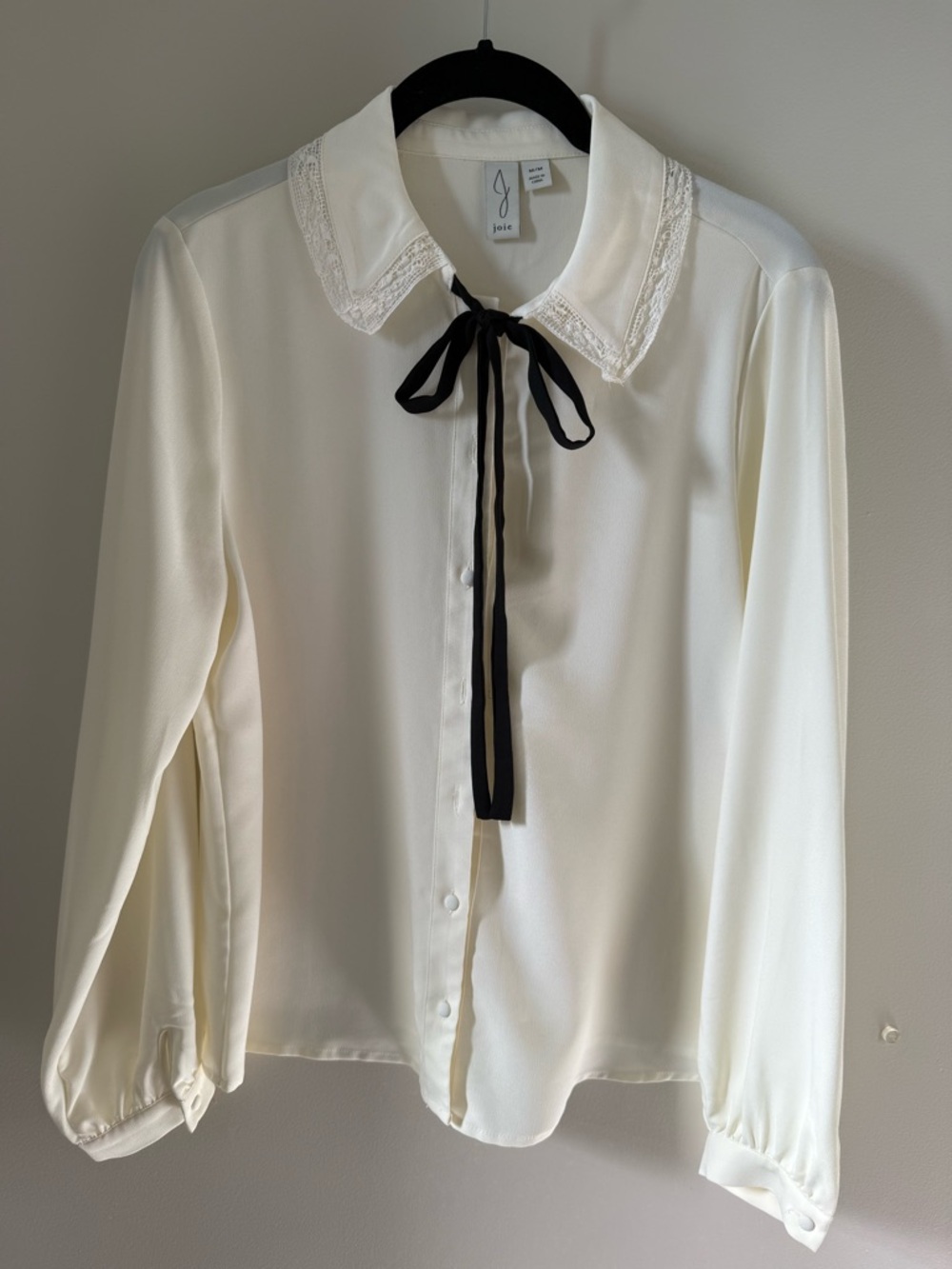 Joie Cream Lace-Collar Button-Down Blouse with Black Ribbon